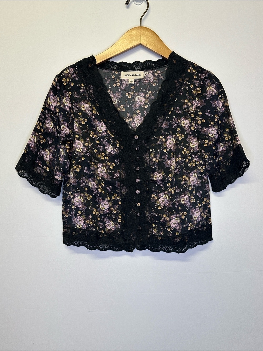 Lucky Brand Black Floral Lace-Trim Button Front Blouse - Picture 8 of 8